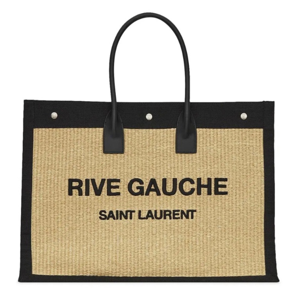 SAINT LAURENT Rive Gauche logo embroidered raffia and leather tote bag